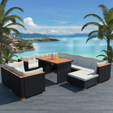 10-tlg. Garten-Lounge-Set mit Auflagen Poly Rattan Schwarz