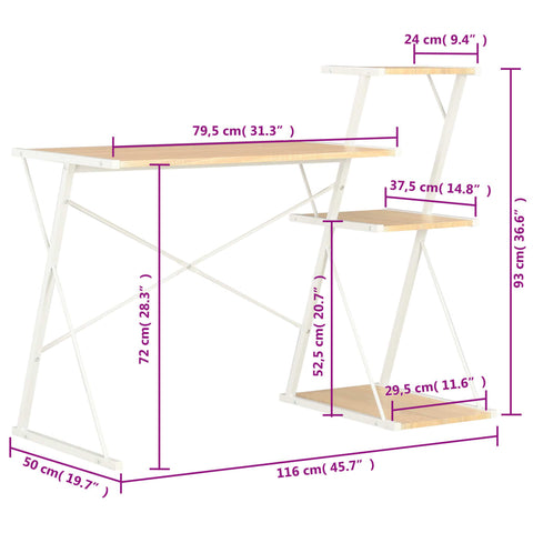 vidaXL Schreibtisch mit Regal Weiß und Eiche 116×50×93 cm