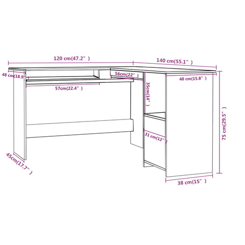 vidaXL Eckschreibtisch in L-Form Weiß 120x140x75 cm Holzwerkstoff