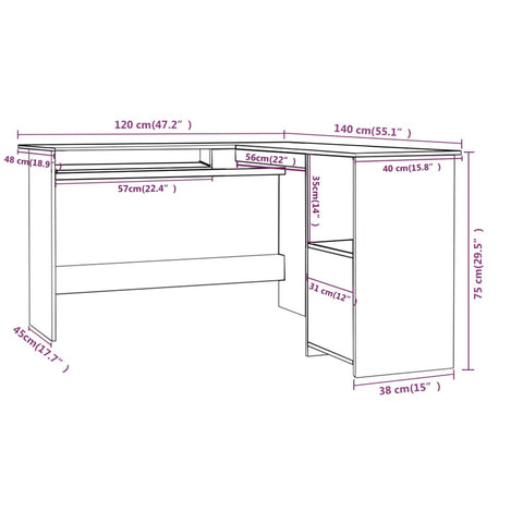 vidaXL Eckschreibtisch in L-Form Betongrau 120x140x75 cm Holzwerkstoff