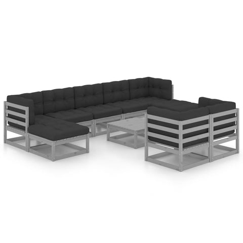 10-tlg. Garten-Lounge-Set mit Kissen Grau Massivholz Kiefer