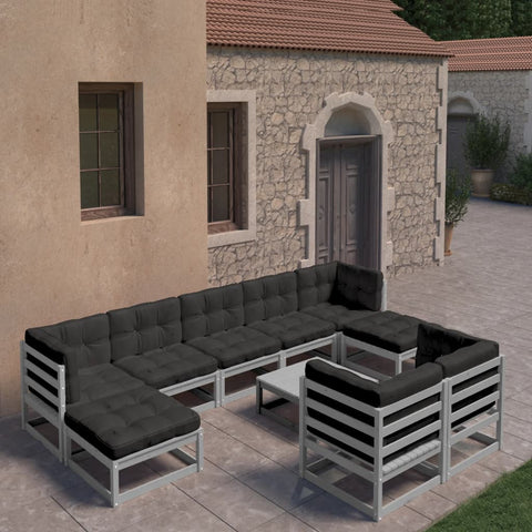 10-tlg. Garten-Lounge-Set mit Kissen Grau Massivholz Kiefer