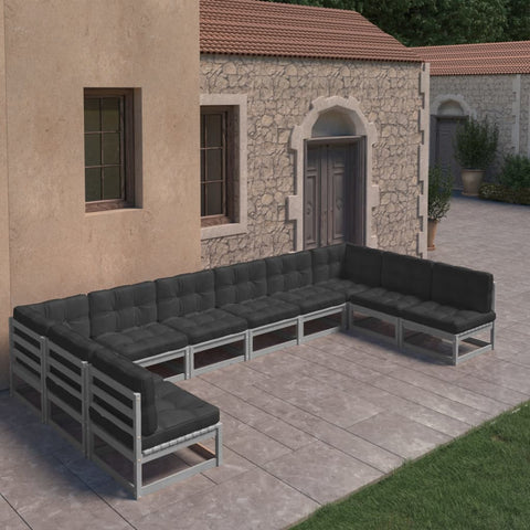 10-tlg. Garten-Lounge-Set mit Kissen Grau Massivholz Kiefer