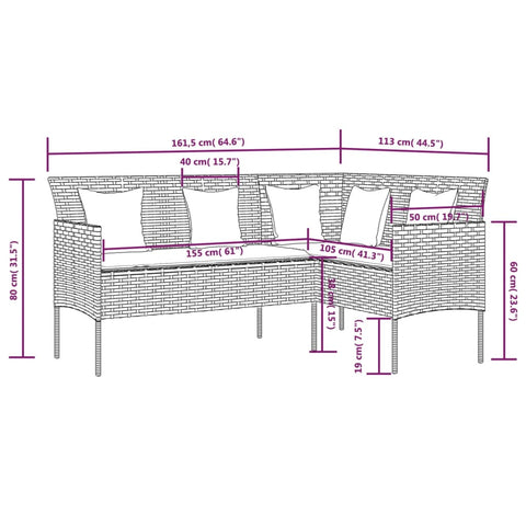 vidaXL Sofa in L-Form mit Kissen Poly Rattan Braun