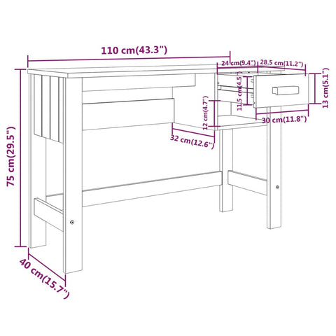 vidaXL Schreibtisch HAMAR Dunkelgrau 110x40x75 cm Massivholz Kiefer