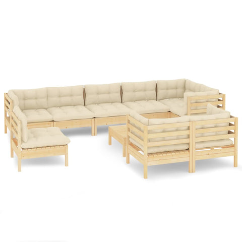 10-tlg. Garten-Lounge-Set mit Creme Kissen Massivholz Kiefer