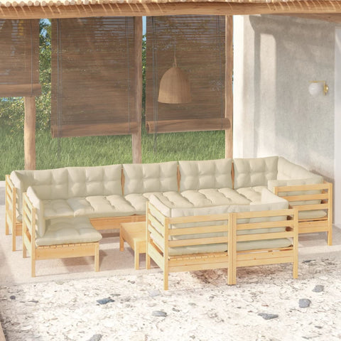 10-tlg. Garten-Lounge-Set mit Creme Kissen Massivholz Kiefer