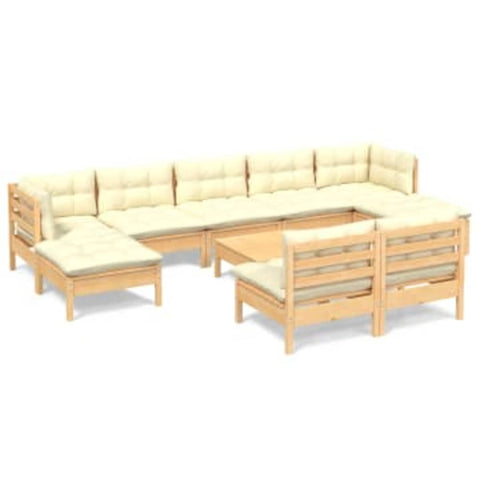 10-tlg. Garten-Lounge-Set mit Creme Kissen Kiefernholz