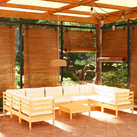 10-tlg. Garten-Lounge-Set mit Creme Kissen Kiefernholz