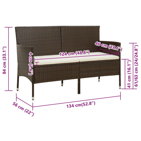 vidaXL Gartensofa 3-Sitzer mit Kissen Braun Poly Rattan