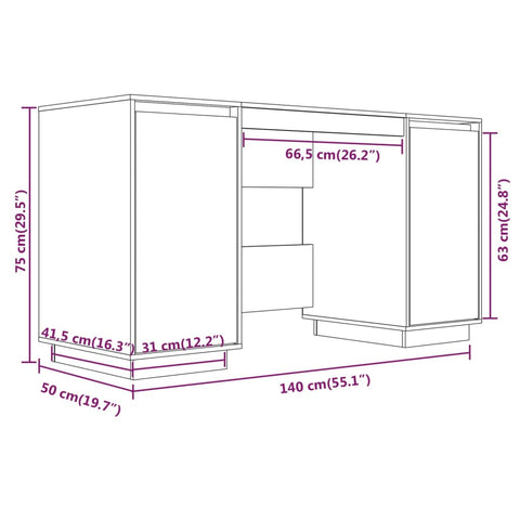 vidaXL Schreibtisch Honigbraun 140x50x75 cm Massivholz Kiefer