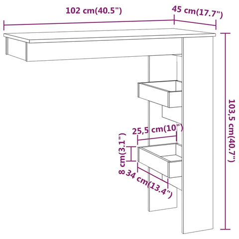 vidaXL Wand-Bartisch Weiß 102x45x103,5 cm Holzwerkstoff