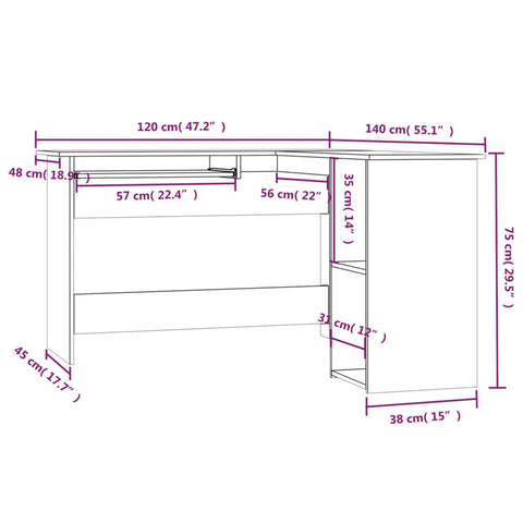 vidaXL Eckschreibtisch Grau Sonoma 120x140x75 cm Holzwerkstoff