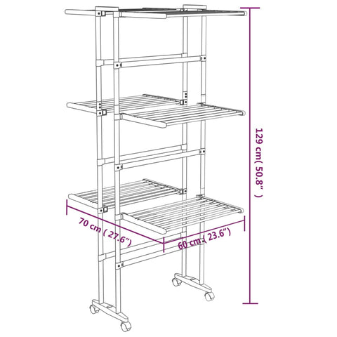 Wäscheständer 3 Etagen mit Rollen Silbern 60x70x129 cm