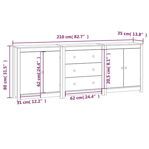 vidaXL Sideboard 210x35x80 cm Massivholz Kiefer