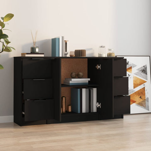 vidaXL Sideboards 3 Stk. Schwarz Holzwerkstoff