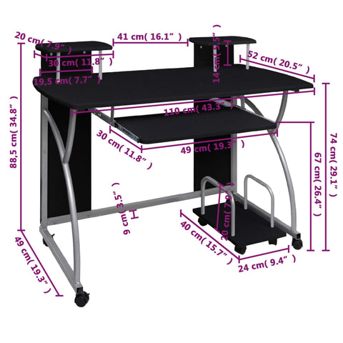 vidaXL Computertisch Schwarz 110x52x88,5 cm Holzwerkstoff