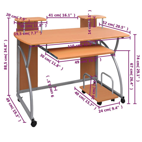 vidaXL Computertisch Braun 110x52x88,5 cm Holzwerkstoff