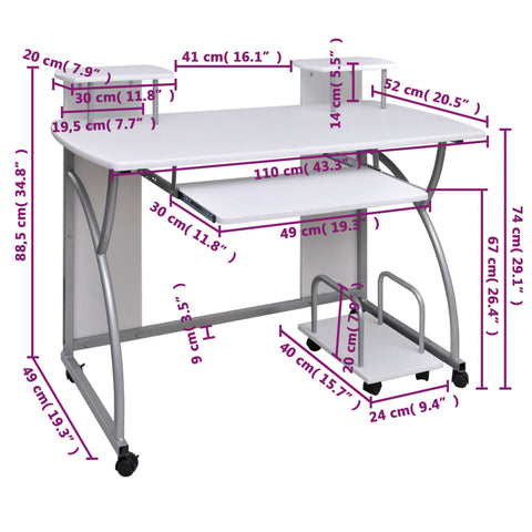 vidaXL Computertisch Weiß 110x52x88,5 cm Holzwerkstoff