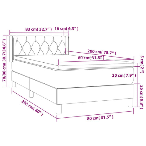 vidaXL Boxspringbett mit Matratze Hellgrau 80x200 cm Stoff