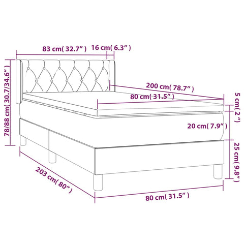 vidaXL Boxspringbett mit Matratze Dunkelgrau 80x200 cm Stoff