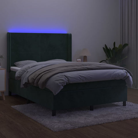 vidaXL Boxspringbett mit Matratze & LED Dunkelgrün 140x190 cm Samt