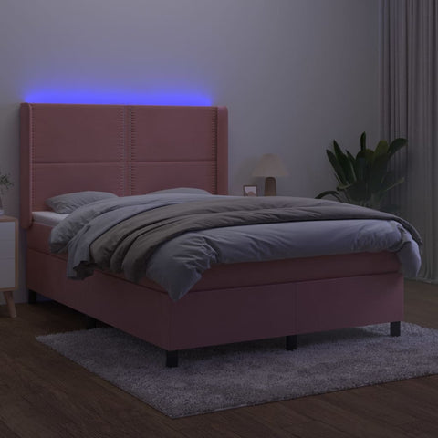 vidaXL Boxspringbett mit Matratze & LED Rosa 140x190 cm Samt