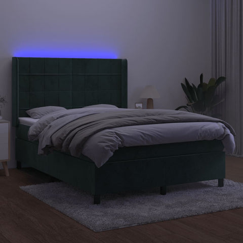 vidaXL Boxspringbett mit Matratze & LED Dunkelgrün 140x190 cm Samt