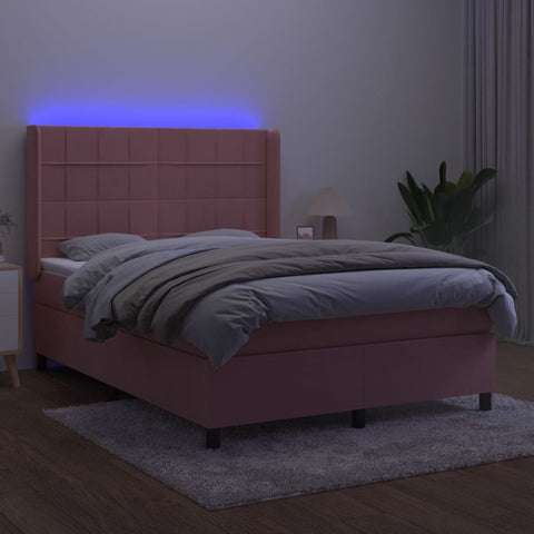 vidaXL Boxspringbett mit Matratze & LED Rosa 140x190 cm Samt