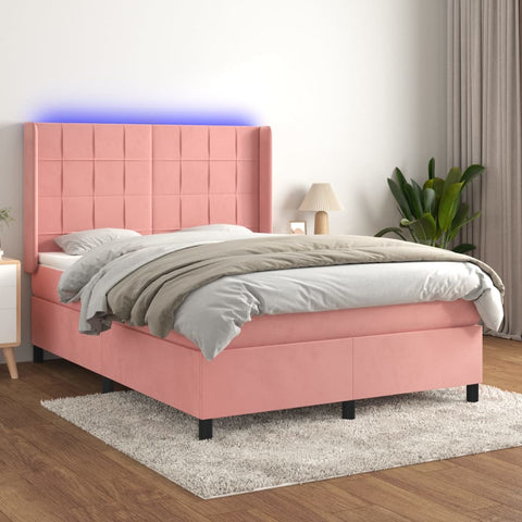 vidaXL Boxspringbett mit Matratze & LED Rosa 140x190 cm Samt