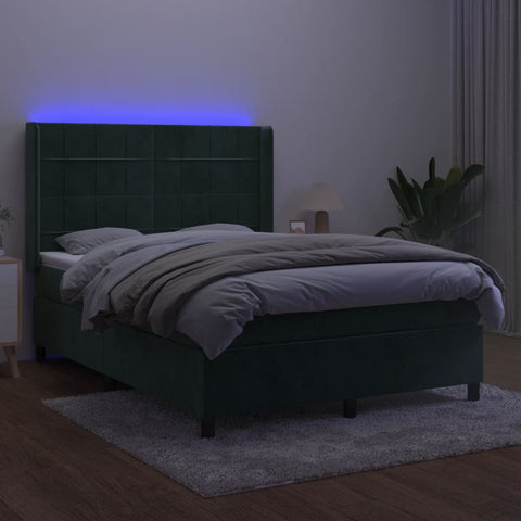 vidaXL Boxspringbett mit Matratze & LED Dunkelgrün 140x200 cm Samt