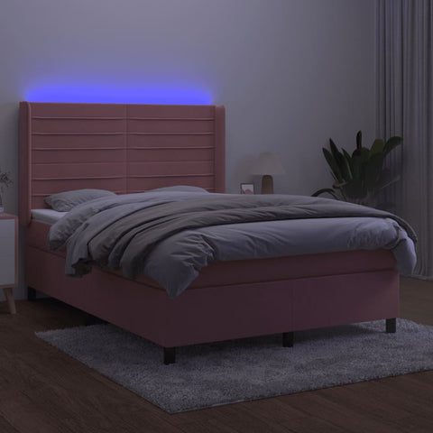 vidaXL Boxspringbett mit Matratze & LED Rosa 140x190 cm Samt