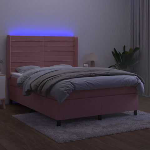 vidaXL Boxspringbett mit Matratze & LED Rosa 140x200 cm Samt