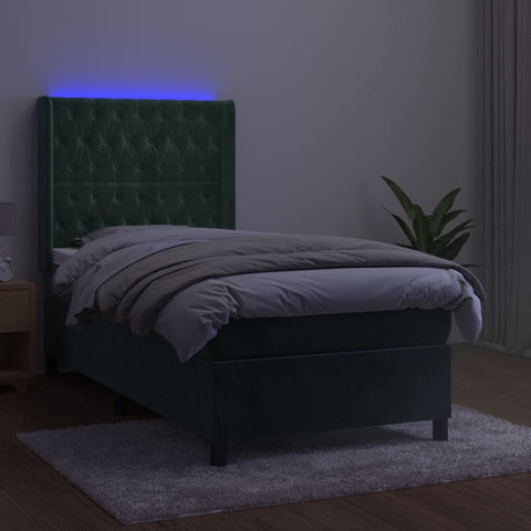 vidaXL Boxspringbett mit Matratze & LED Dunkelgrün 90x190 cm Samt