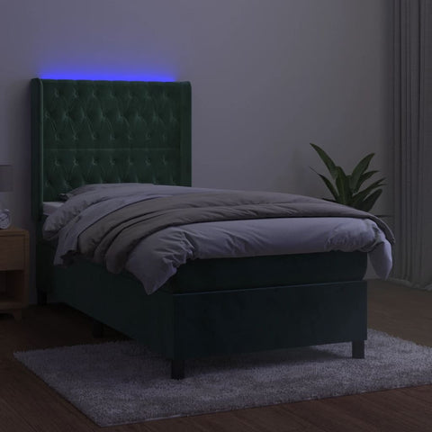 vidaXL Boxspringbett mit Matratze & LED Dunkelgrün 90x200 cm Samt