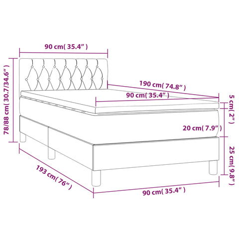 vidaXL Boxspringbett mit Matratze & LED Dunkelgrau 90x190 cm Samt