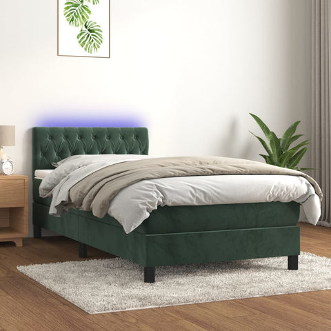 vidaXL Boxspringbett mit Matratze & LED Dunkelgrün 90x200 cm Samt