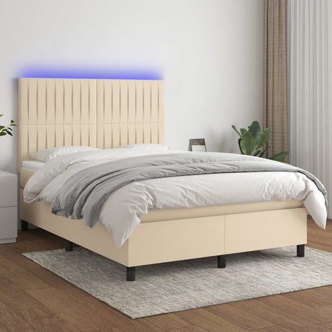 vidaXL Boxspringbett mit Matratze & LED Creme 140x190 cm Stoff