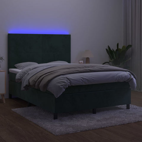 vidaXL Boxspringbett mit Matratze & LED Dunkelgrün 140x190 cm Samt