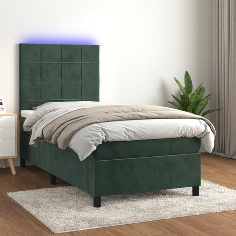 vidaXL Boxspringbett mit Matratze & LED Dunkelgrün 90x200 cm Samt