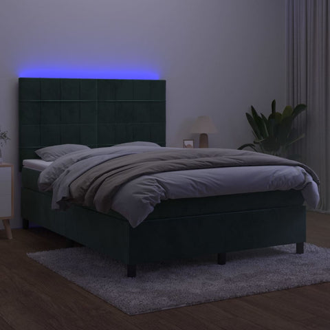 vidaXL Boxspringbett mit Matratze & LED Dunkelgrün 140x190 cm Samt