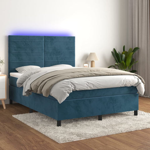 vidaXL Boxspringbett mit Matratze & LED Dunkelblau 140x200 cm Samt