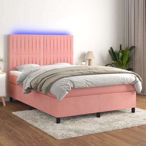 vidaXL Boxspringbett mit Matratze & LED Rosa 140x200 cm Samt