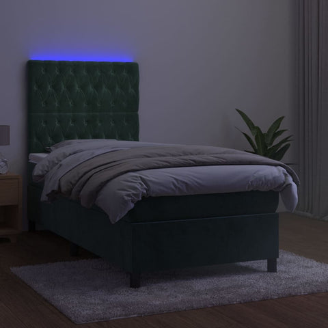 vidaXL Boxspringbett mit Matratze & LED Dunkelgrün 90x200 cm Samt