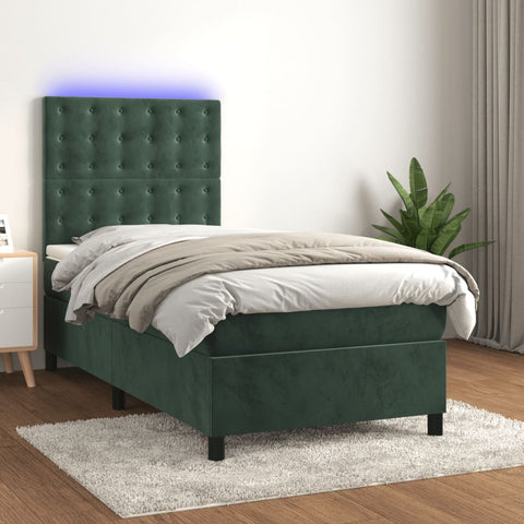 vidaXL Boxspringbett mit Matratze & LED Dunkelgrün 90x190 cm Samt