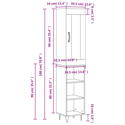 vidaXL Highboard Räuchereiche 34,5x34x180 cm Holzwerkstoff