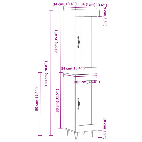 vidaXL Highboard Braun Eichen-Optik 34,5x34x180 cm Holzwerkstoff