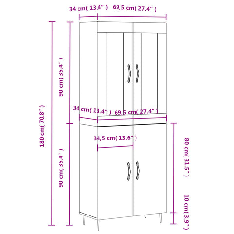 vidaXL Highboard Hochglanz-Weiß 69,5x34x180 cm Holzwerkstoff