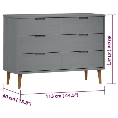 vidaXL Schubladenschrank MOLDE Grau 113x40x80 cm Massivholz Kiefer