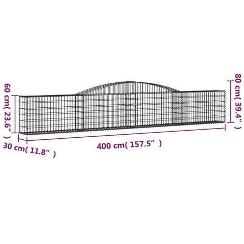 Gabionen mit Hochbogen 25 Stk. 400x30x60/80 cm Verzinktes Eisen